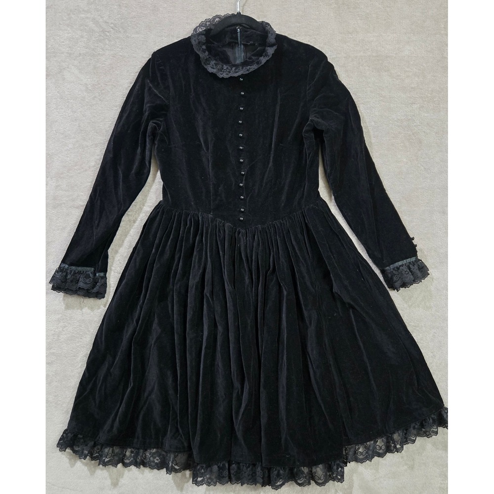 Vtg Black Velvet Dress Medium Goth Victorian Steampunk Wednesday Adams Ren Faire